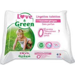 Love & Green Lingettes Toilettes Propreté sans Parfum Hypoallergéniques 0% 55 pièces