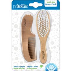 Dr. Brown'S Brosse Douce Sûr + Peigne Poignée Bois 2 Unités
