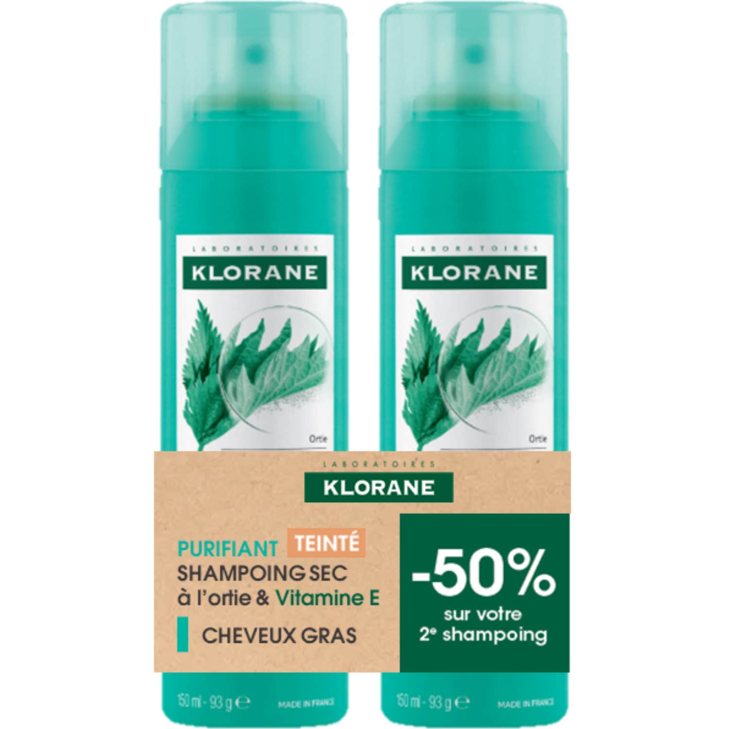 Klorane Shampooing Sec Ortie Cheveux Gras Châtains à Bruns 2x150ml