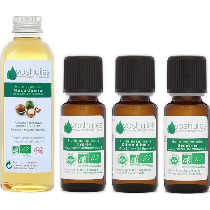 Voshuiles Kit « Stop Cellulite » 3 Huiles Essentielles Bio & 1 Huile Végétale Bio