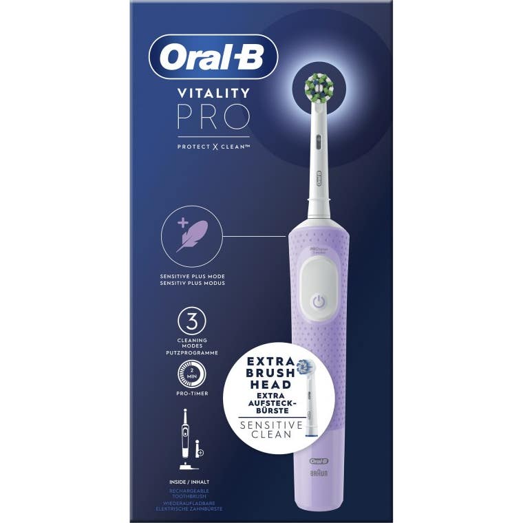 Cepillo eléctrico dientes Oral-B Vitality PRO, cepillo dental oscilante, recargable, 3 Modos Limpieza: Limpieza diaria, Sensible y Sensible Plus, temporizador 2 min, adulto, color negro, morado y azul