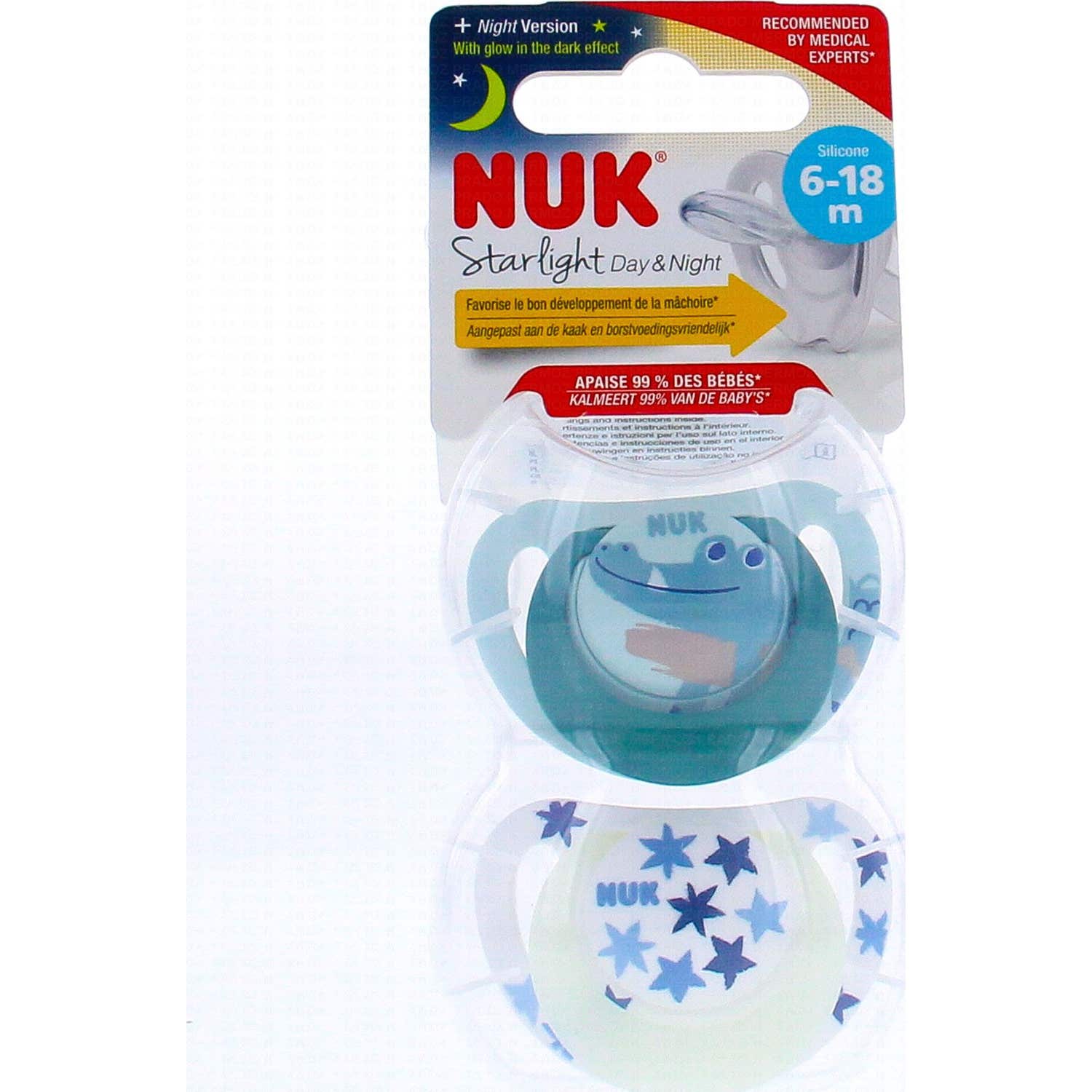 Nuk Starlight Jour et Nuit Sucettes 6-18 Mois Crocodile 2uts