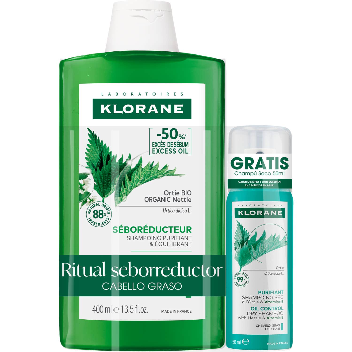 Klorane Ritual Séboréducteur Ortie Shampoing 400ml + Shampoing Sec 50ml