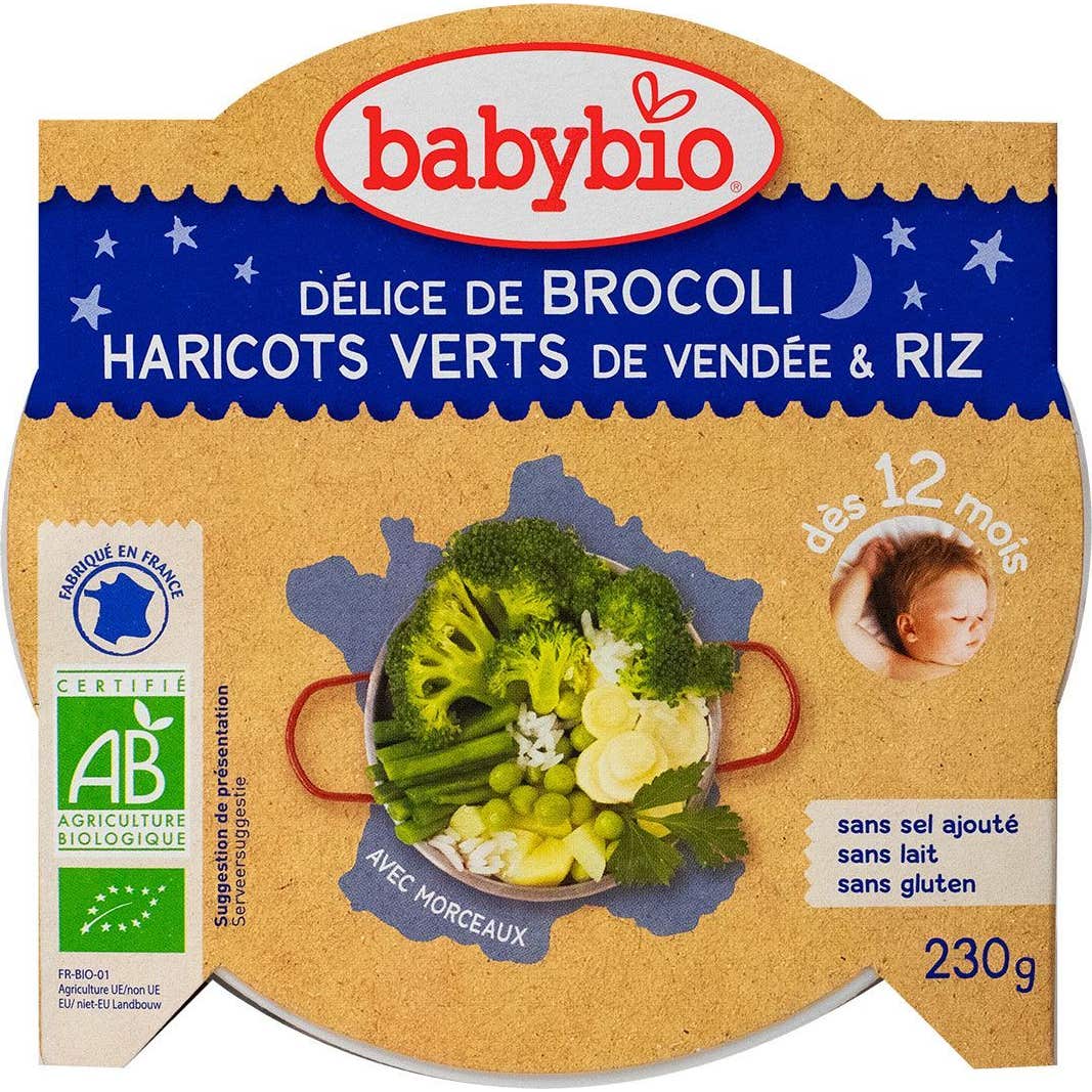 Babybio Assiette Bonne Nuit Bio Riz Brocoli et Haricots Verts du Val de Loire 230g