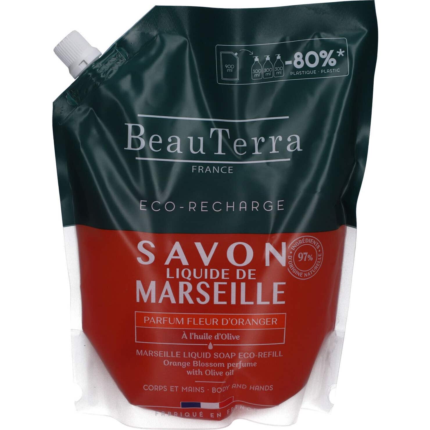 BeauTerra Savon Liquide Marseille Fleur d'Oranger Recharge 900ml