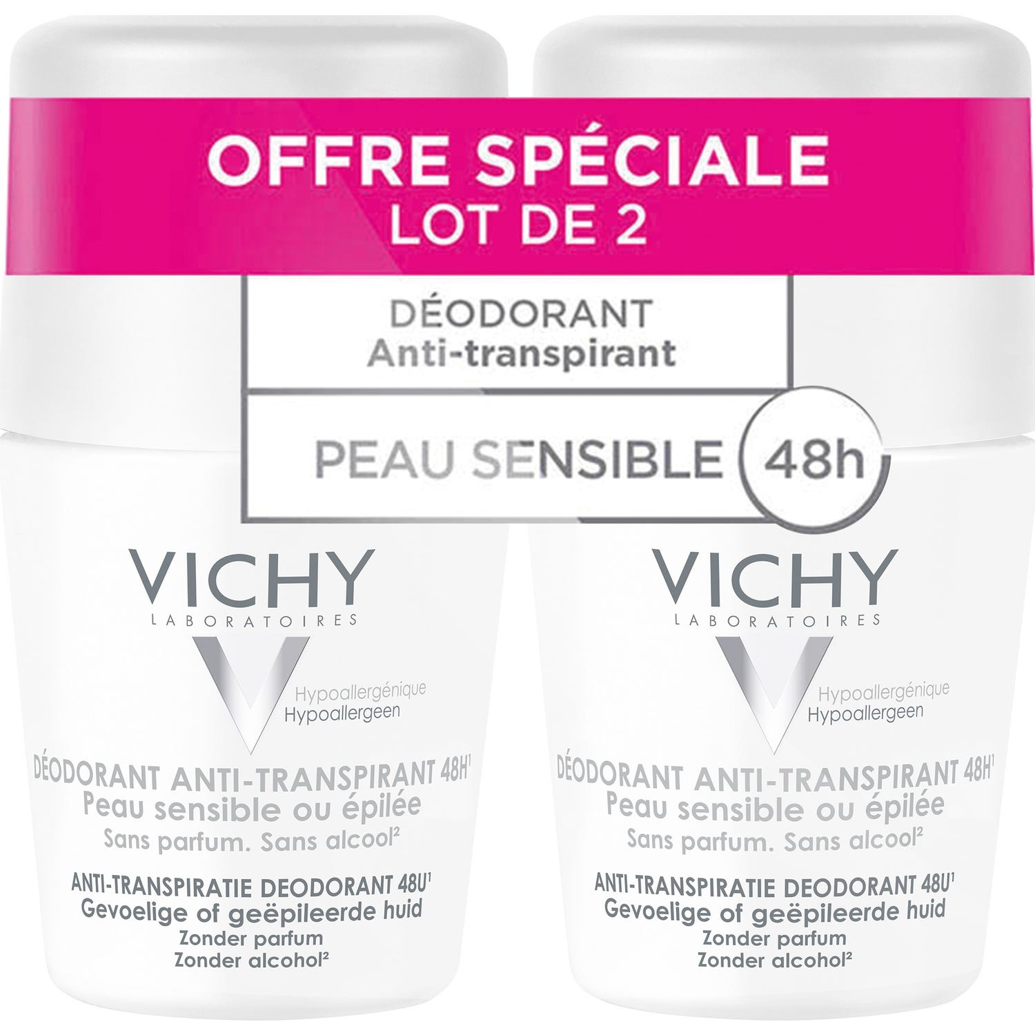 Vichy Déodorant Anti Transpirant Peaux Sensibles ou Epilées 48H Bille Lot de 2