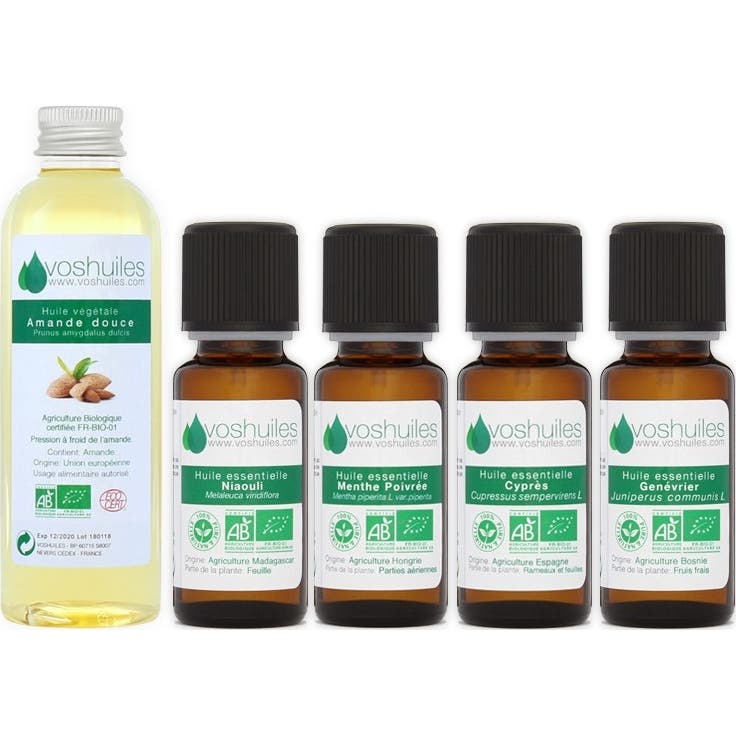 Voshuiles Kit « Jambes Lourdes » 4 Huiles Essentielles Bio & 1 Huile Végétale Bio