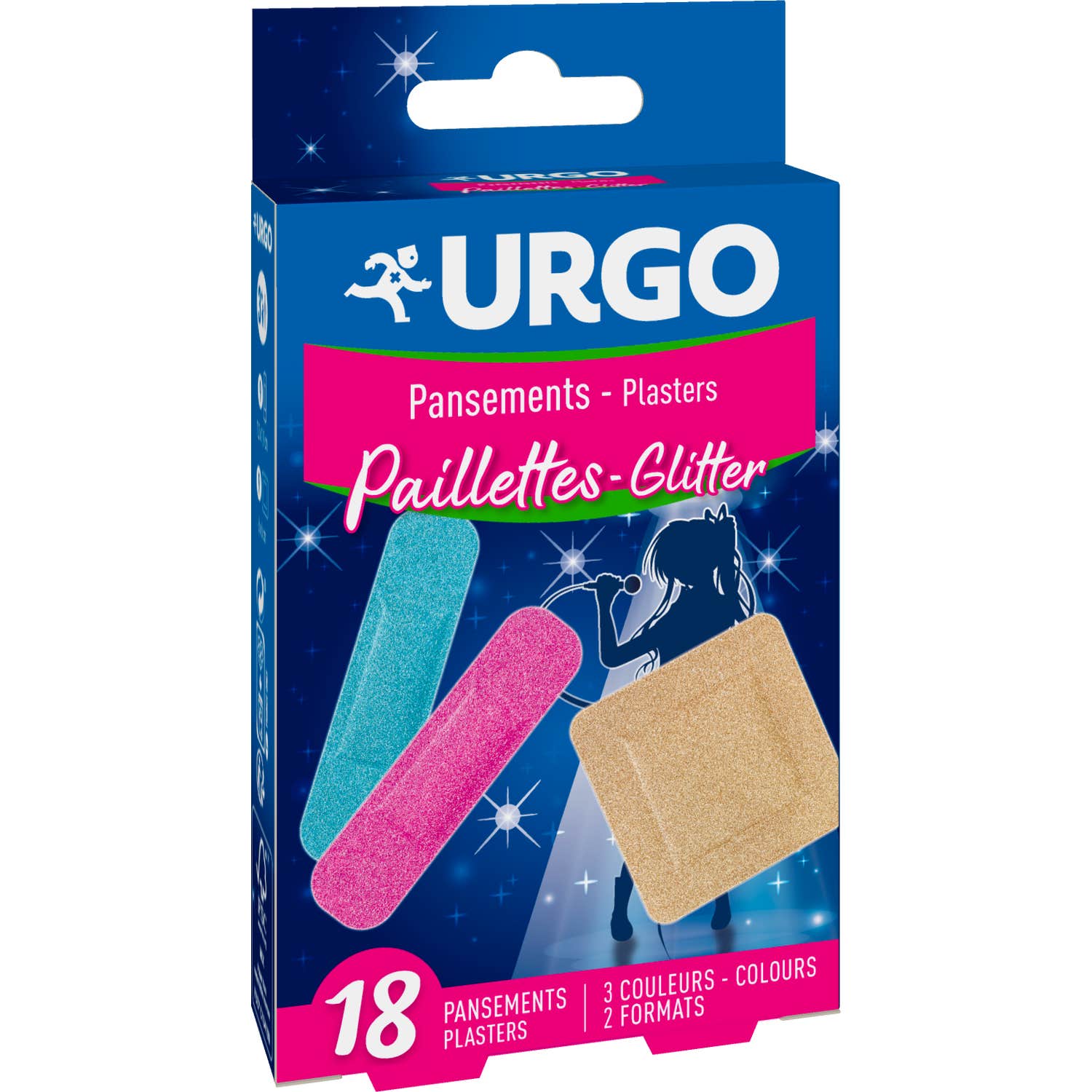 Bleu/Rose/Beige Urgo Paillettes Pansements Taille 18