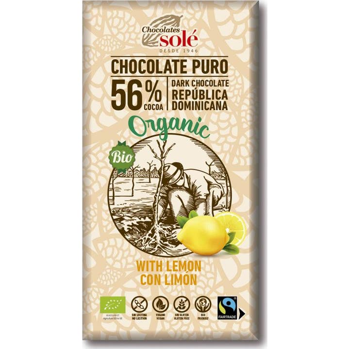 Chocolates Sole Chocolat Noir Végétal 56% avec du Citron Vert 100g