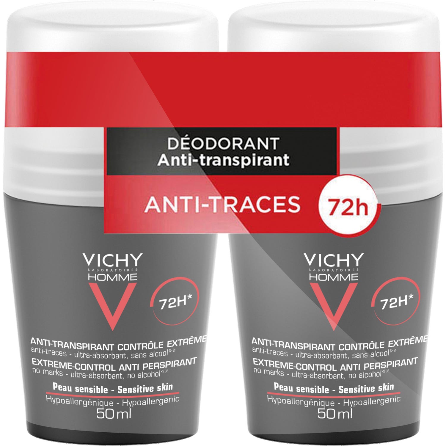Vichy Homme Anti-Transpirant Contrôle Extrême 72h Roll-On 2x50ml