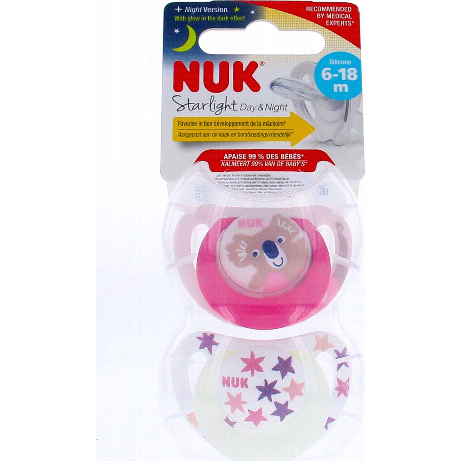 Nuk Starlight Jour et Nuit Sucettes 6-18 Mois 2uts