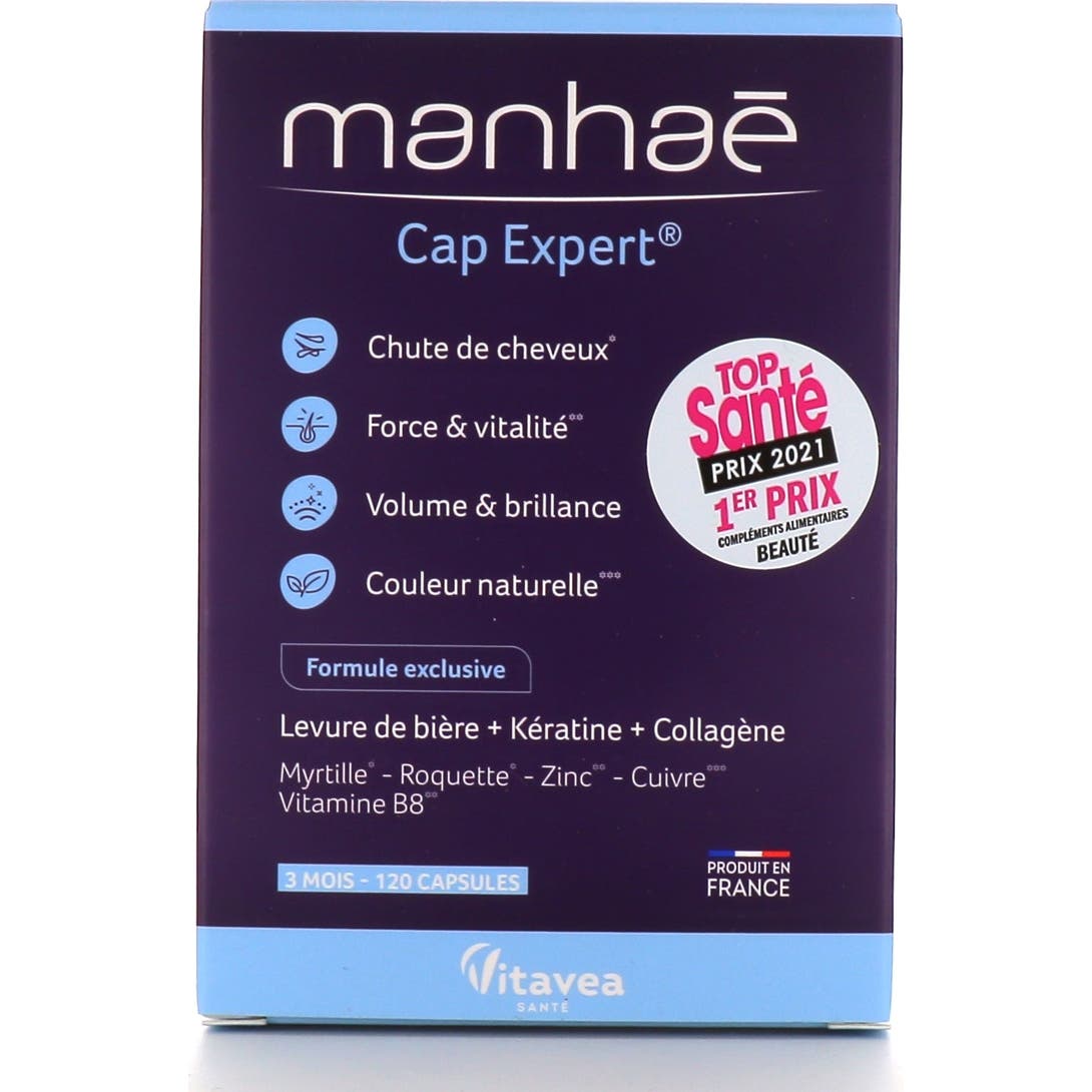 Manhaé - Cap Expert - Complément alimentaire - Chute de cheveux, force, volume, brillance - Biotine (vitamine B8), levure de bière, kératine, collagène, minéraux - 120 gélules - Fabriqué en France-image