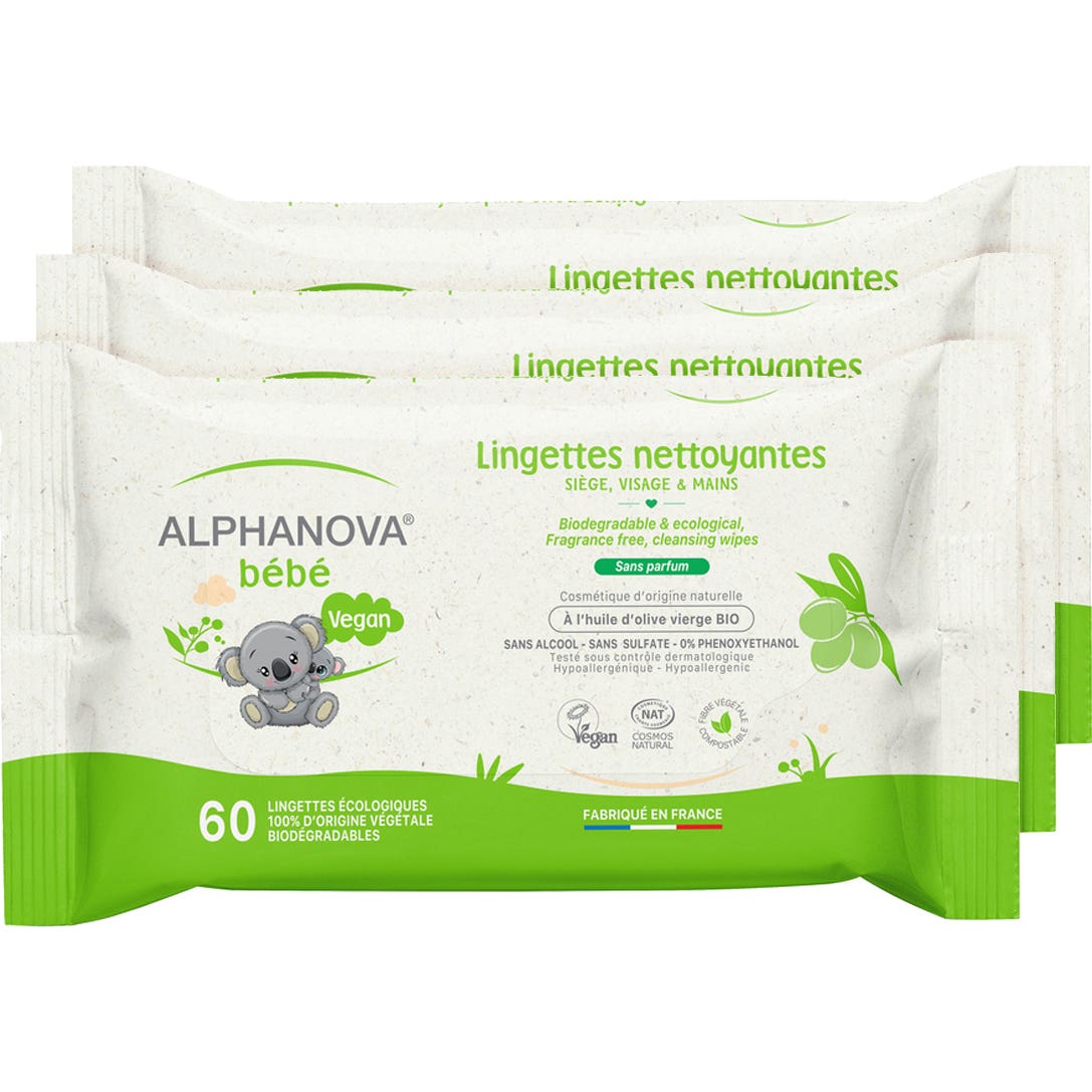 Alphanova Lingettes Bébé Huile Olive 3x60uts