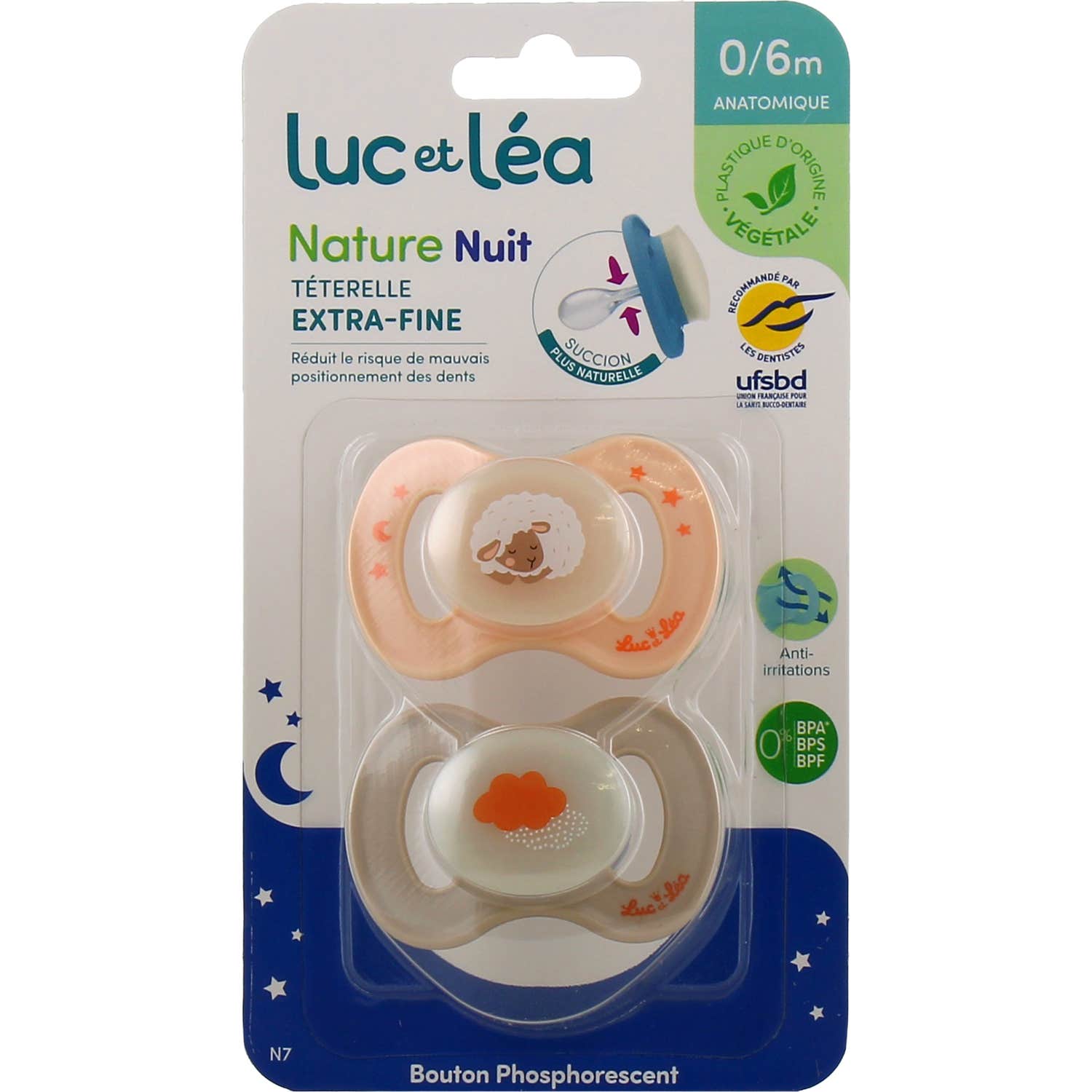 Luc et Léa Set Nature Nuit Sucette Téterelle Extra Fine Silicone 0-6m 2 Unités