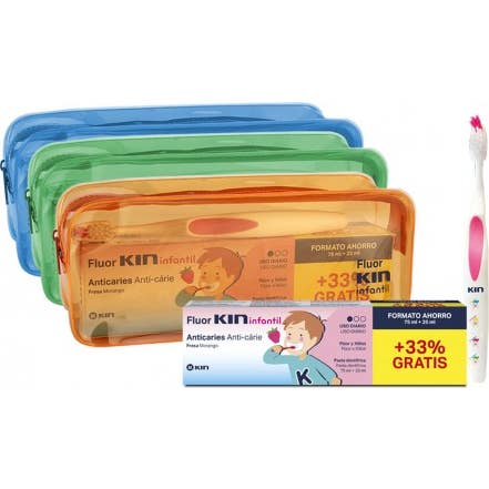 Fluor-Kin Infantil Pack pasta dentífrica fresa 75ml+25ml + cepillo dental + neceser