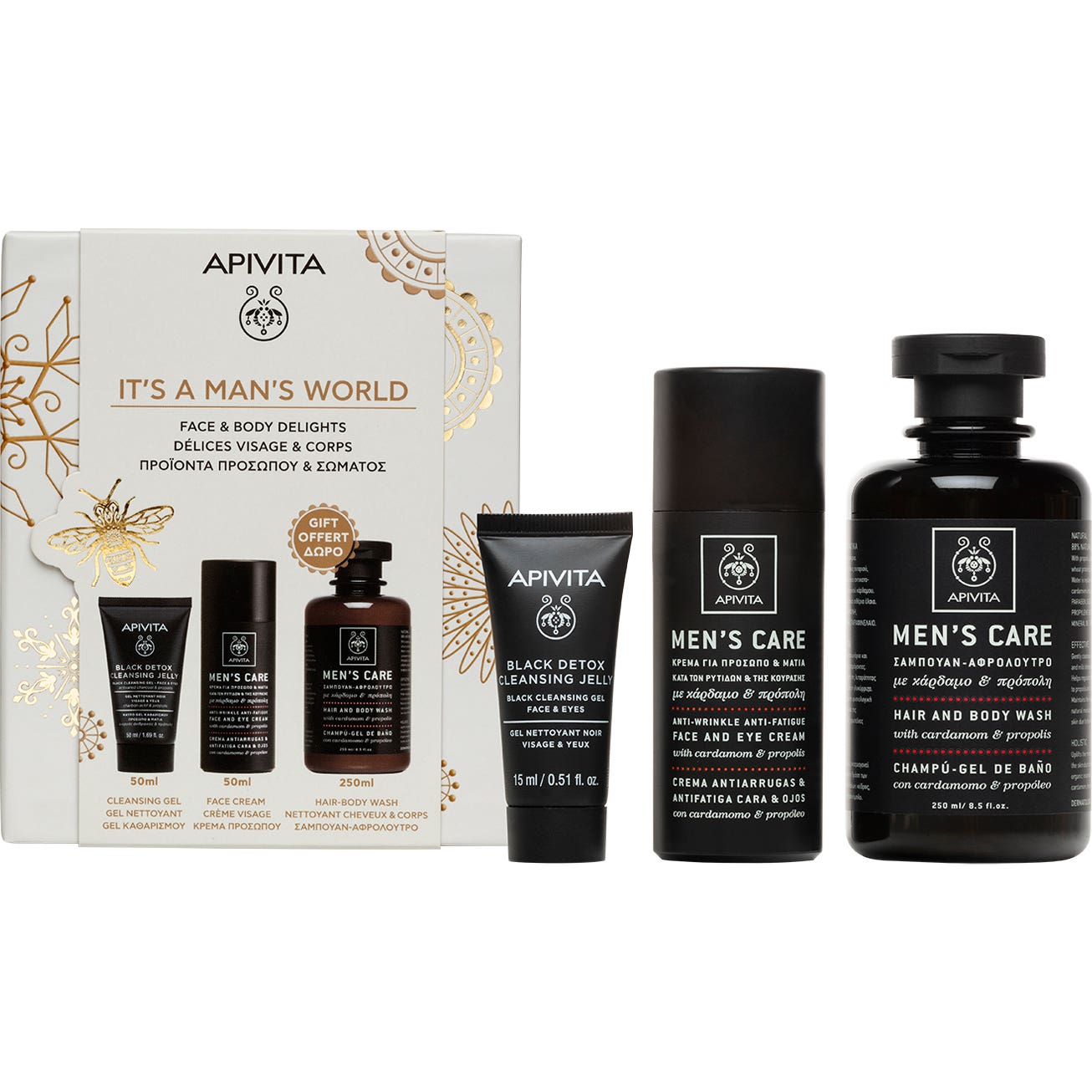 Apivita Pack It´s Man´s World Crema antiarrugas 50ml + Gel limpiador 50ml + champú 250ml