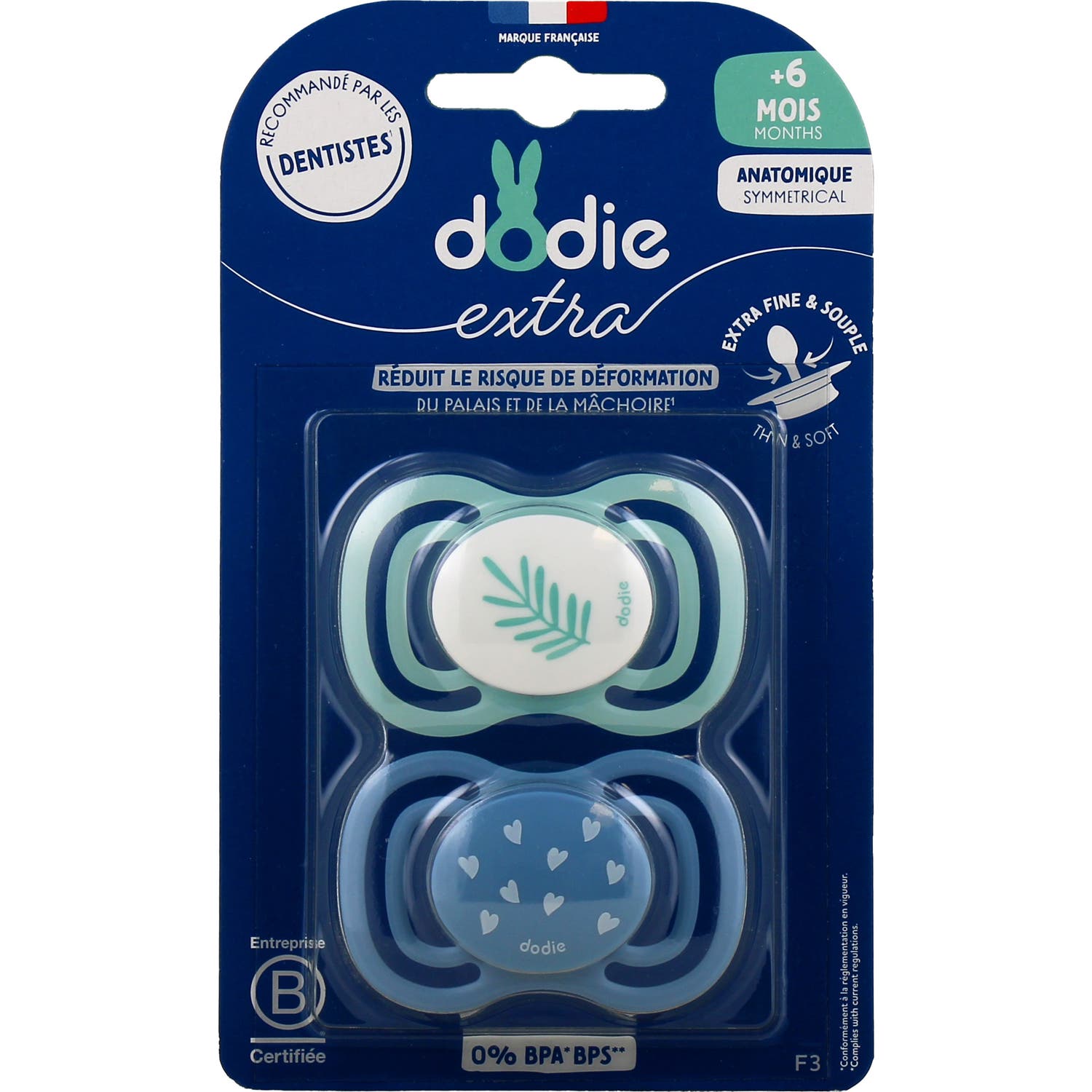 Dodie Extra Sucette Anatomique +6M F3 Fine Bleu 2 uts