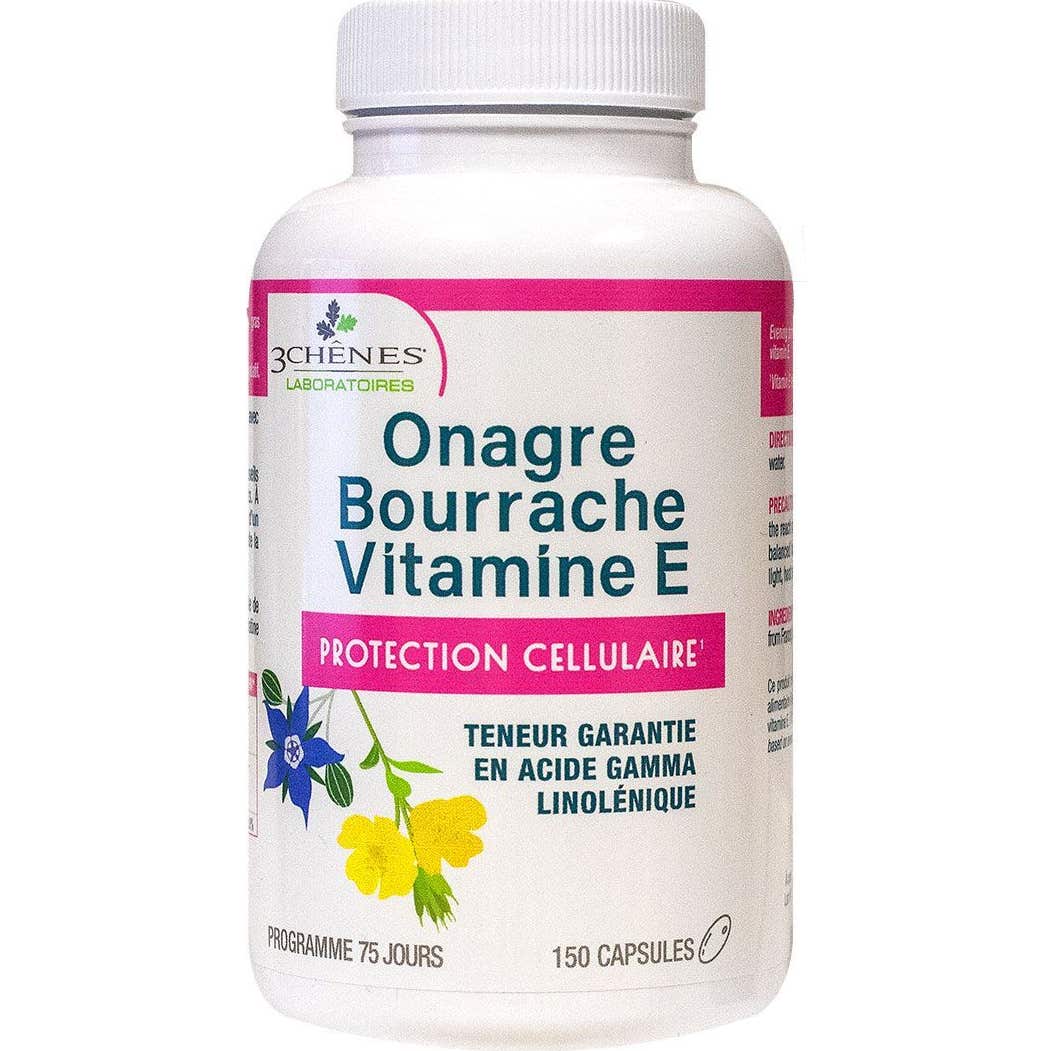 3 Chênes Onagre Bourrache Vitamine E 150 Capsules