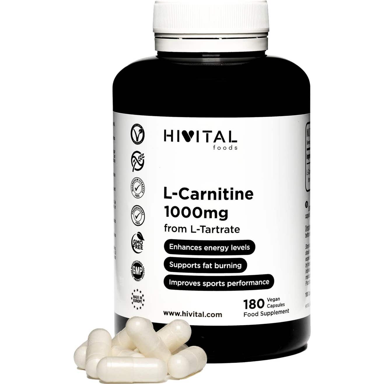 Aliments vitaux L-Carnitine pure 1000mg 180 capsules végétaliennes