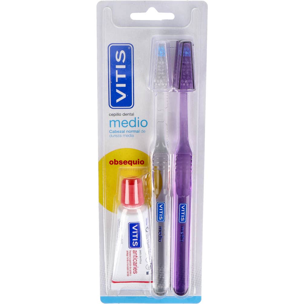 Vitis Brosses À Dents Medium 2 Unités + Dentifrice Anti-Caries 15ml