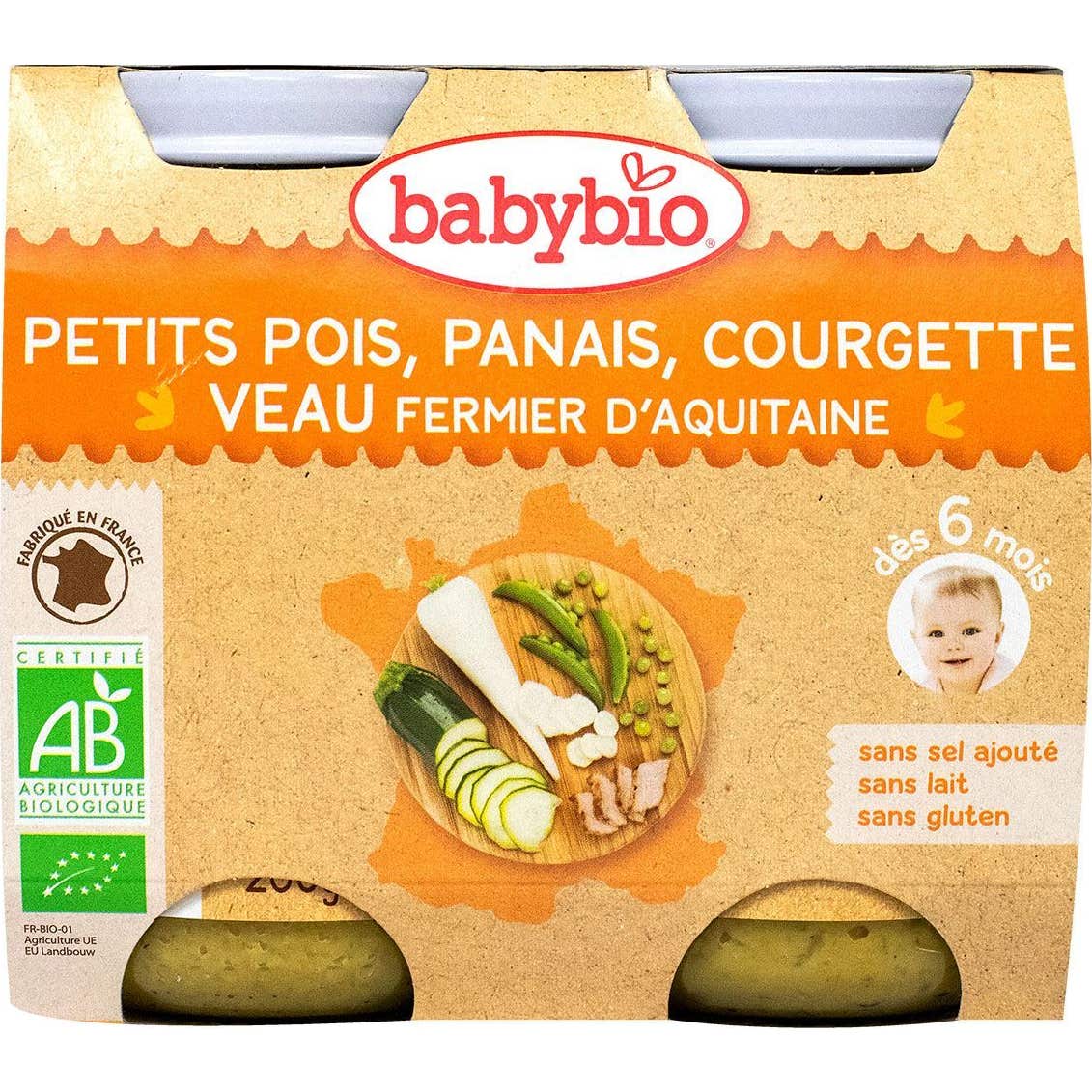Babybio Petits Pots Menu Petits Pois Panais Courgette & Veau Bio dès 6 Mois 2x200g