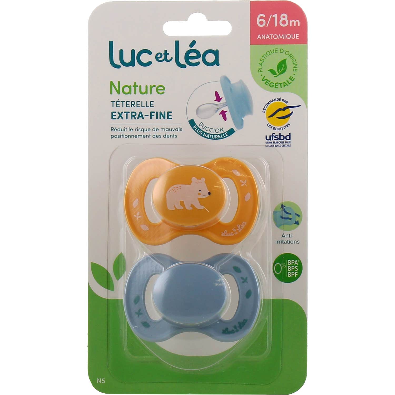Luc et Léa Set Nature Sucette Anatomique Téterelle Extra Fine 6-18m 2 Unités