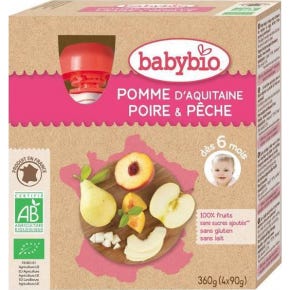Babybio Mes fruits Gourde Pomme Poire Pêche Bio 6 mois 4x90g
