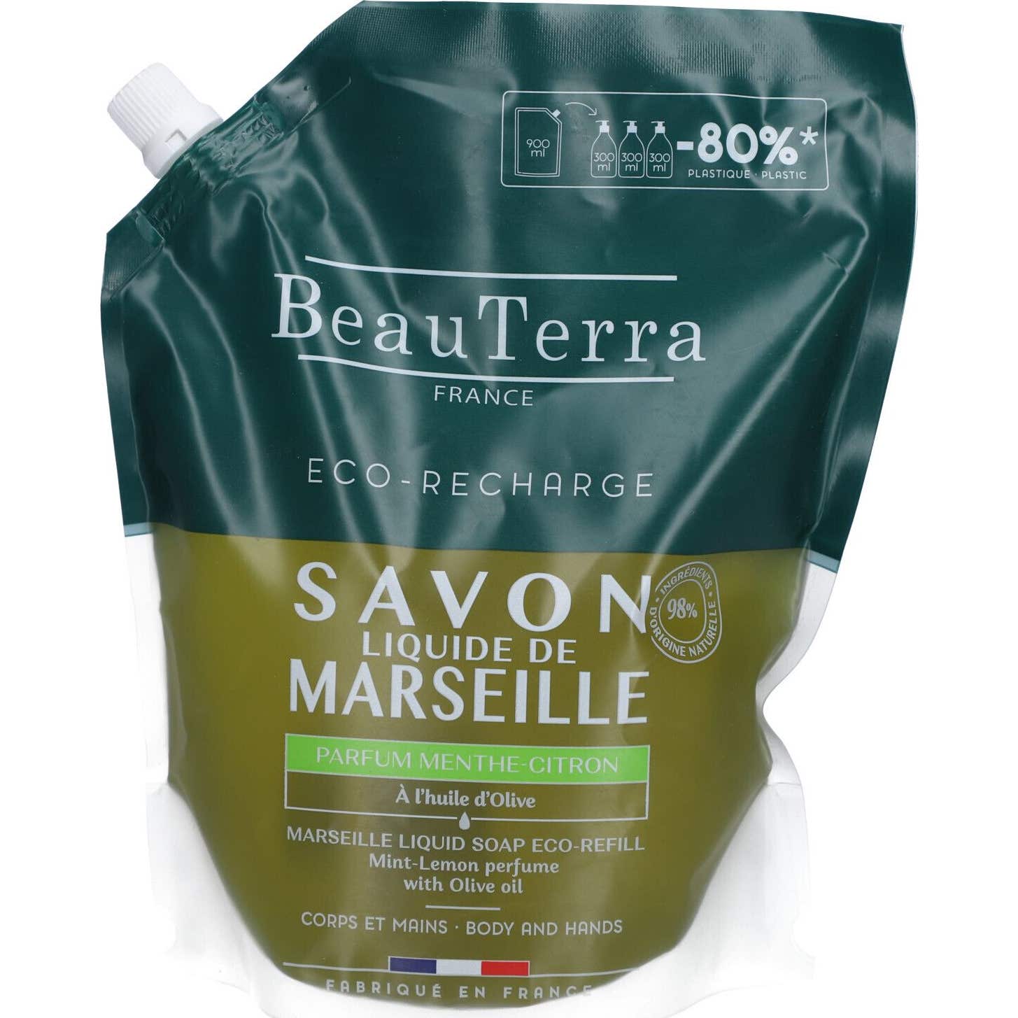 BeauTerra Savon Liquide Marseille Menthe Citron Recharge 900ml