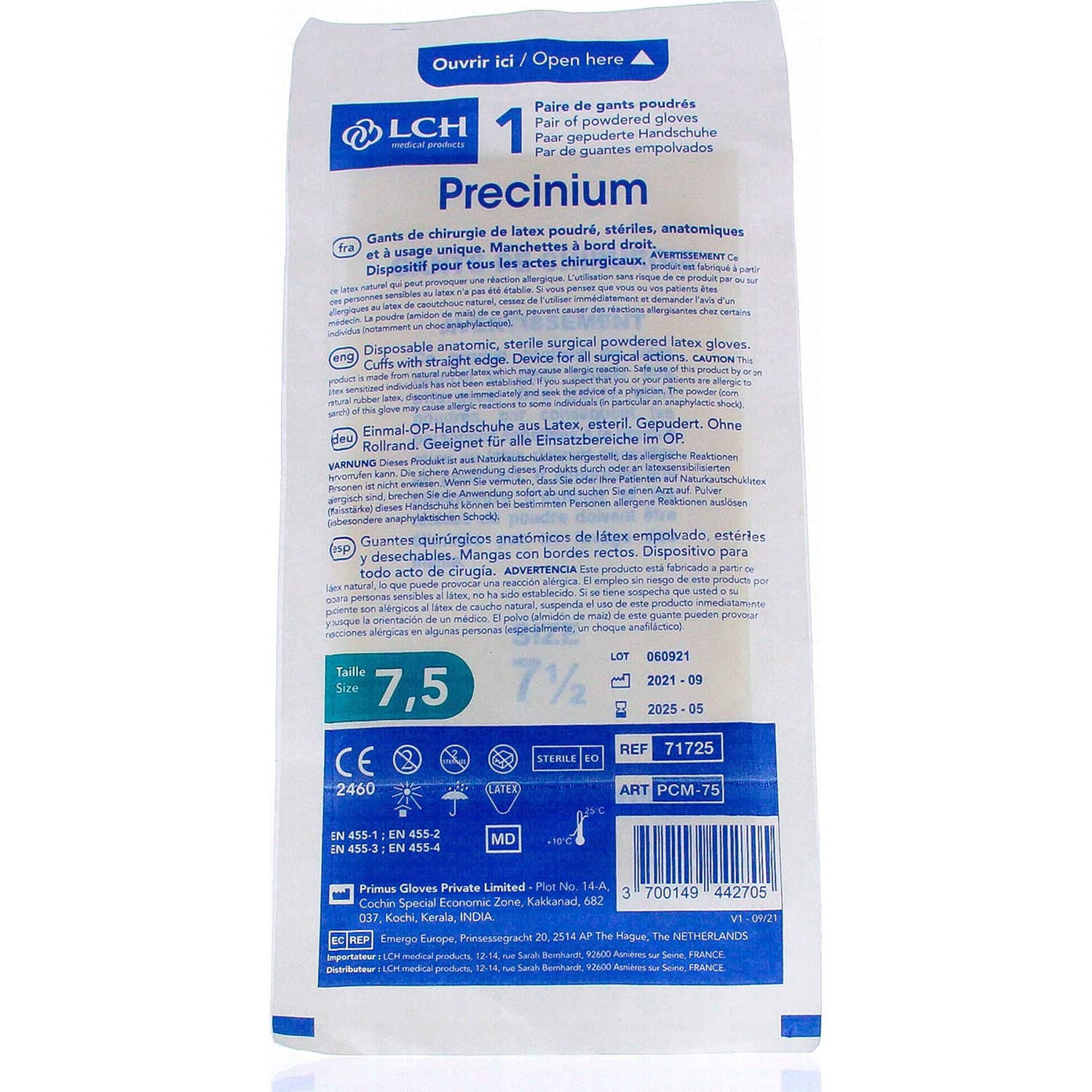 Lch Precinium Gants Chirurgie Latex Poudré Stériles Taille 7,5