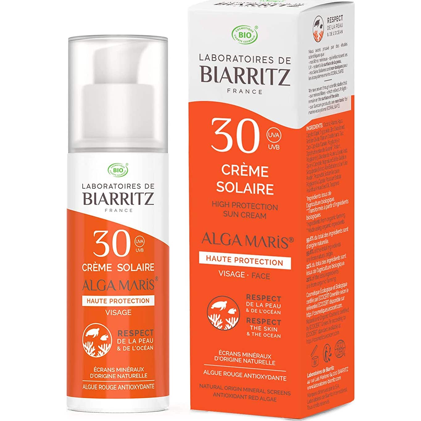 Les Laboratoires de Biarritz Algamaris Crème solaire Visage SPF30 certifiée Bio 50ml
