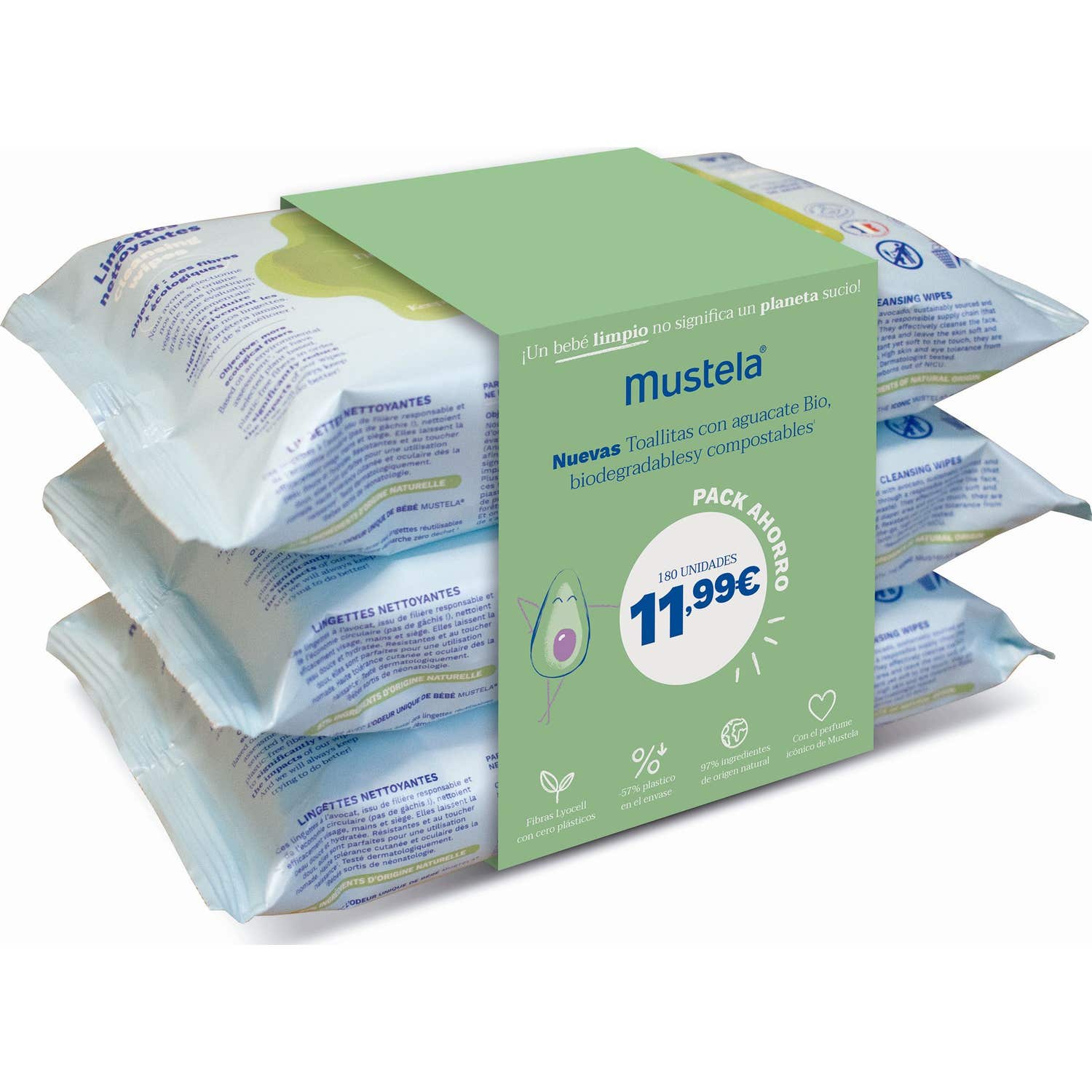 Mustela Lingettes Nettoyantes Avocat Bio 3x60uts