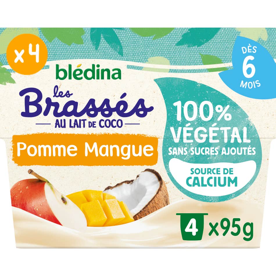 Blédina Brassés 100% Végétal Lait de Coco, Pomme et Mangue 4x95g