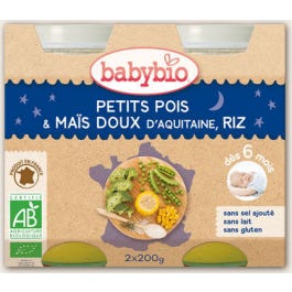 Babybio Petits Pots Bonne Nuit Petits Pois Maïs Riz Bio 6 mois 2 x 200 g