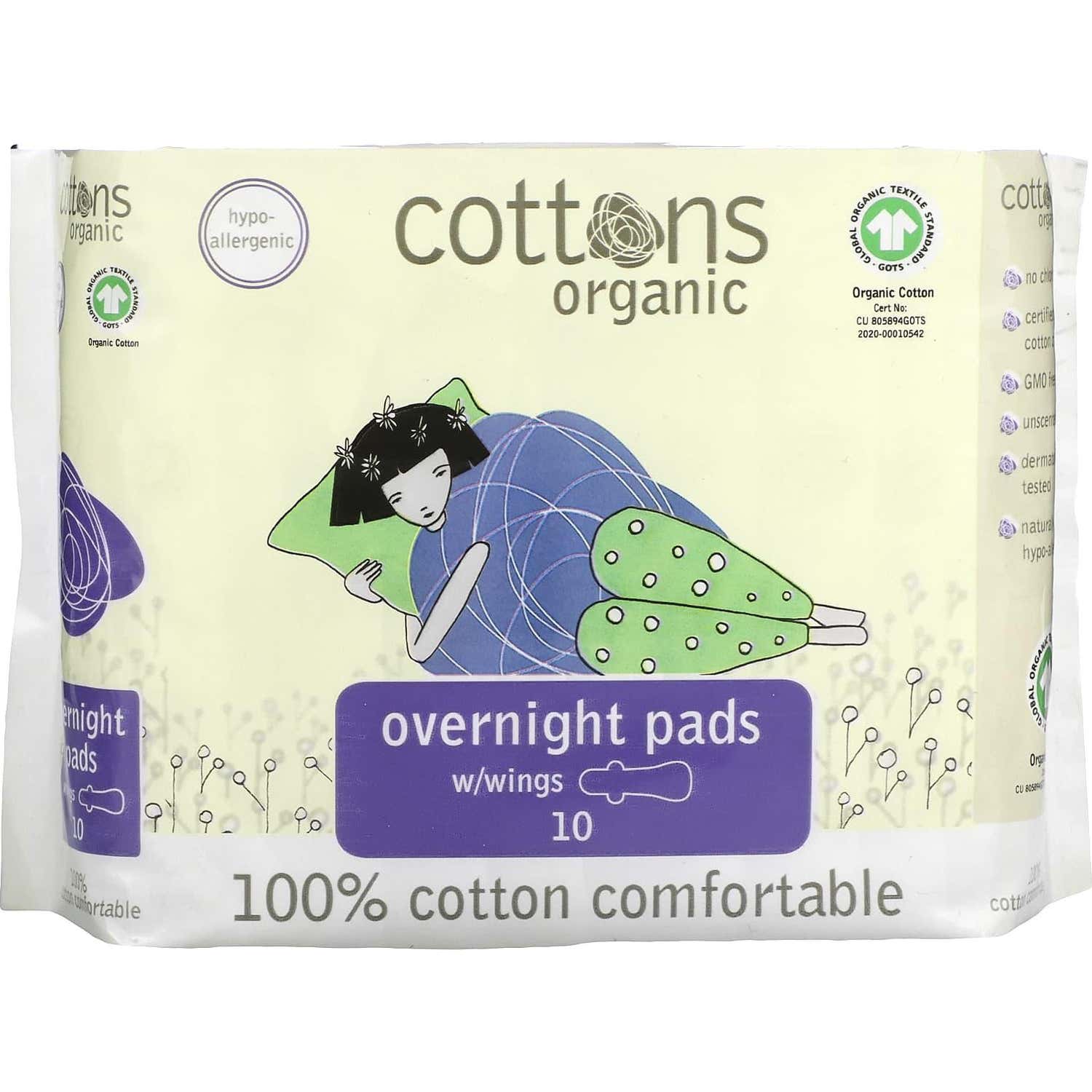 Cottons serviettes hygiéniques nuit avec ailettes 10 unités