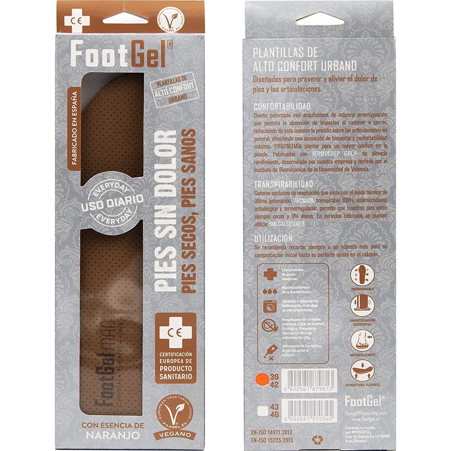 Footgel Plantillas Gel Hombre Naranjo Talla 43-46 1 Par
