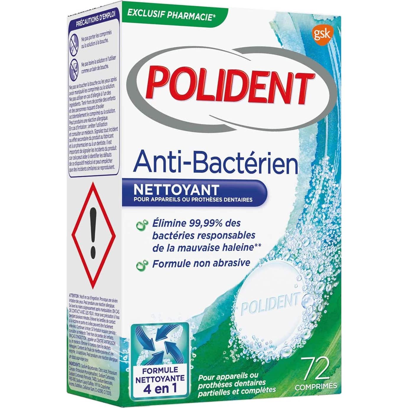 Polident Nettoyant Prothèse Anti-Bactérien Anti-Tartre 72comp