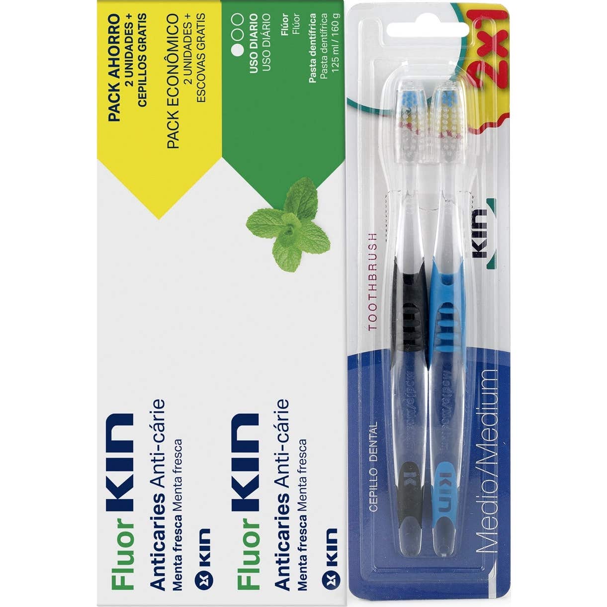 Dentifrice Fluor Kin Menthe Fraîche 2x125ml + 2 Brosses à Dents