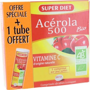 Acérola Bio 500 Superdiet 24 Comprimés + 1 Tube