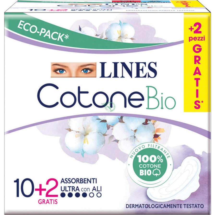 Lines Cotone Bio Absorbants Ultra avec Ailes 12uts