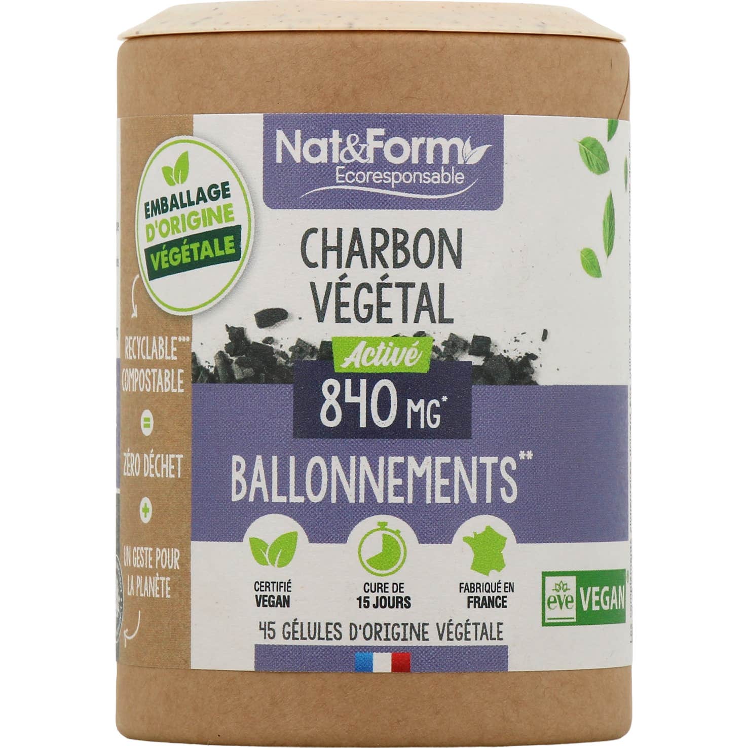 Nat&Form Charbon Végétal Activé 45 Capsules
