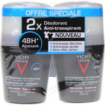 Vichy Homme Déodorant à Bille pour Homme Peaux Sensibles 2 x 50ml