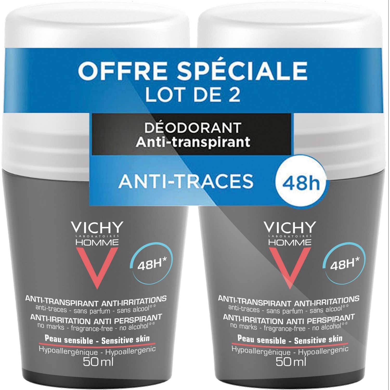 Vichy Homme Déodorant à Bille pour Homme Peaux Sensibles 2 x 50ml