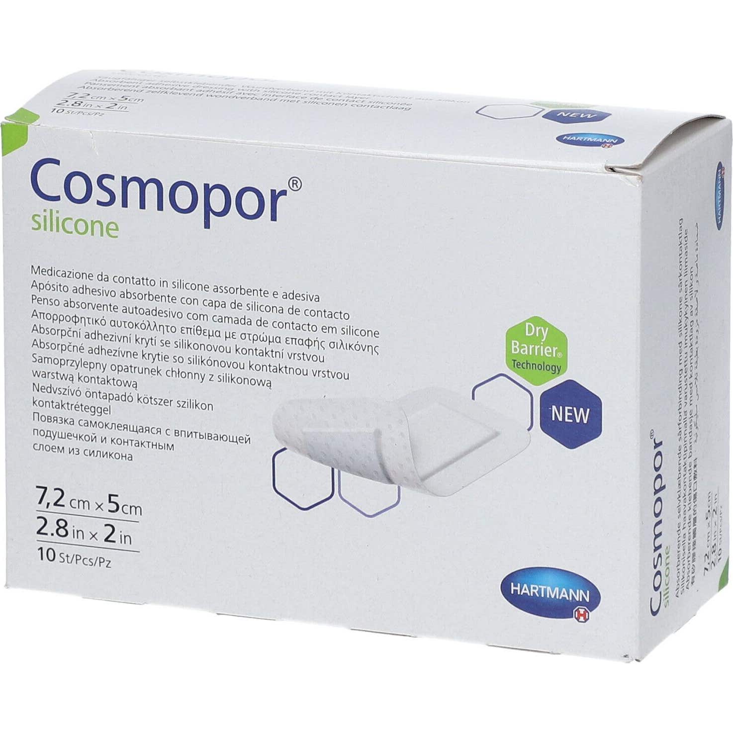 Cosmopor Silicone Pansement Absorbant Adhésif 7,2x5cm 10uts
