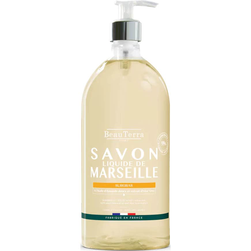 BeauTerra Savon de Marseille Liquide Surgras Huile d'Amande Douce et Aloe Vera 1l