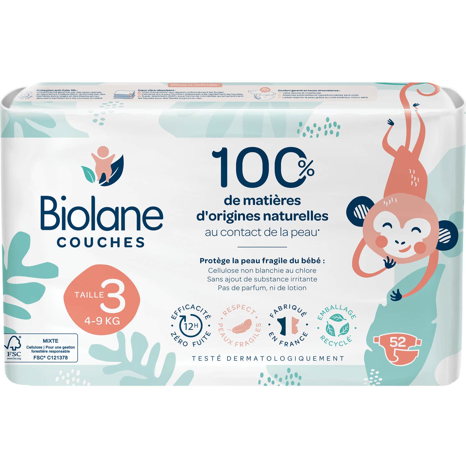 Biolane Couches Naturelles Bébé Taille 3 4-9kg 52 Unités
