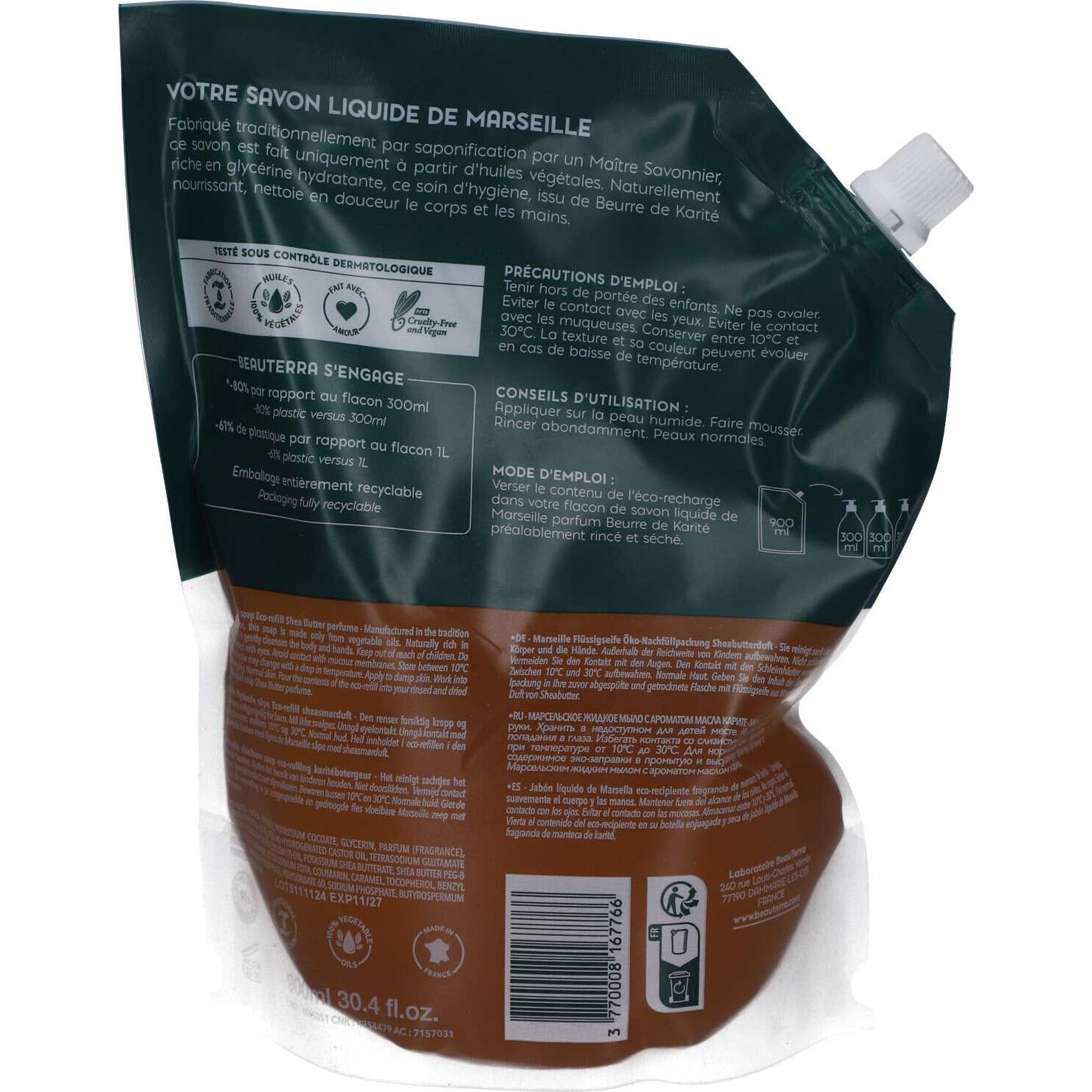 BeauTerra Savon Liquide Marseille Beurre de Karité Recharge 900ml BeauTerra Savon Liquide Marseille Beurre de Karité Recharge 900ml