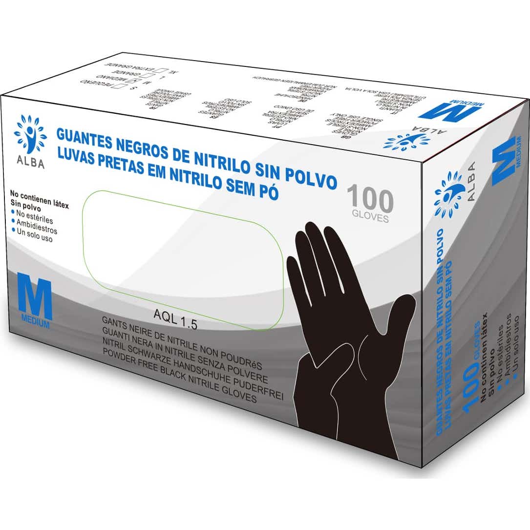 Alba Gants Noirs De Nitrile Non Poudrés Taille M 100 Unités
