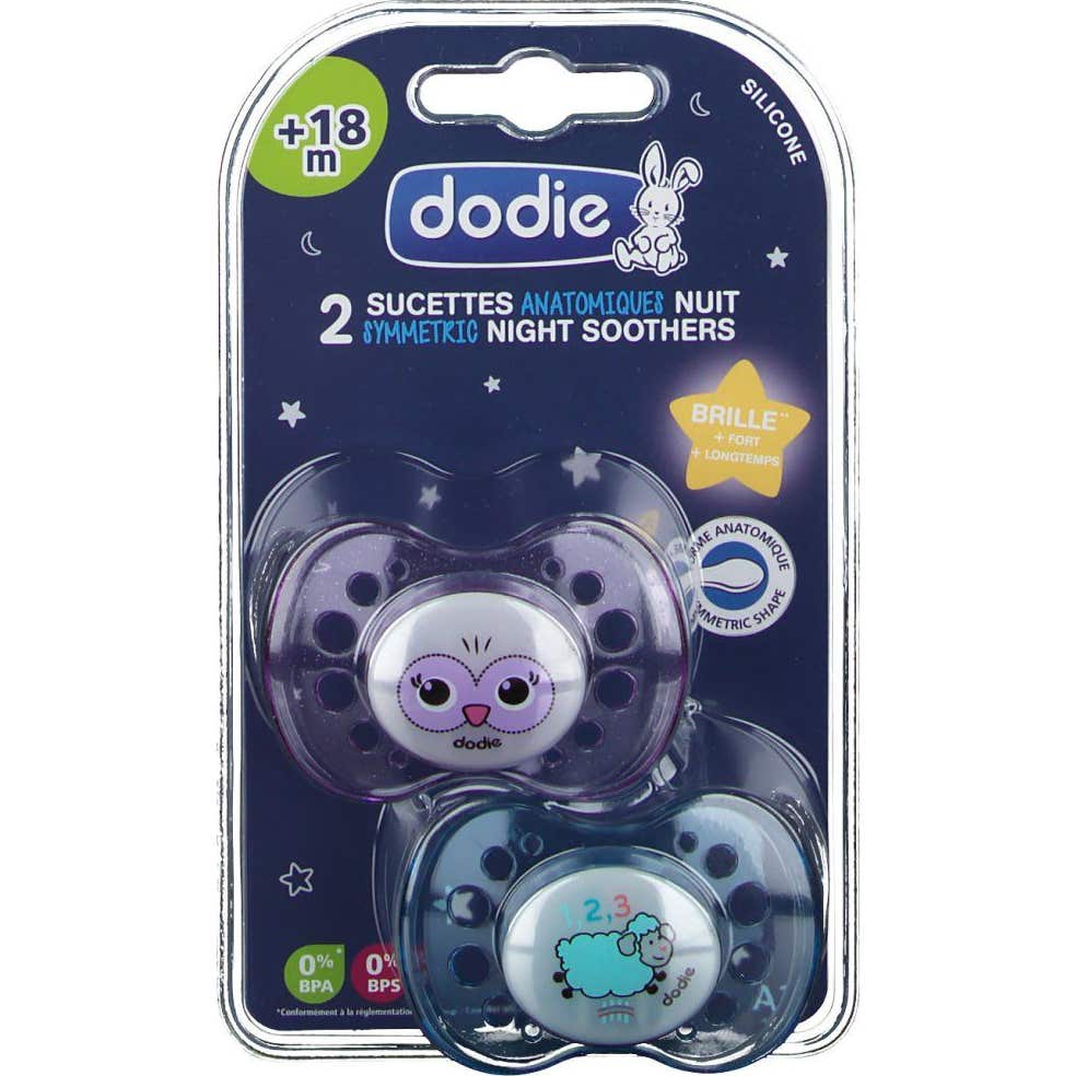 Dodie Dodie Duo Sucette Sans Anneau Silicone +18 mois Spécial Nuit Mouton Chouette Lot de 2