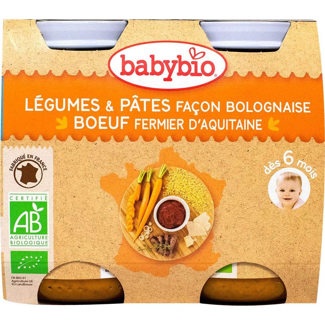 Babybio Menu du Jours dès 6 Mois Légumes et Pates Façon Bolognaise 2x200 Grammes