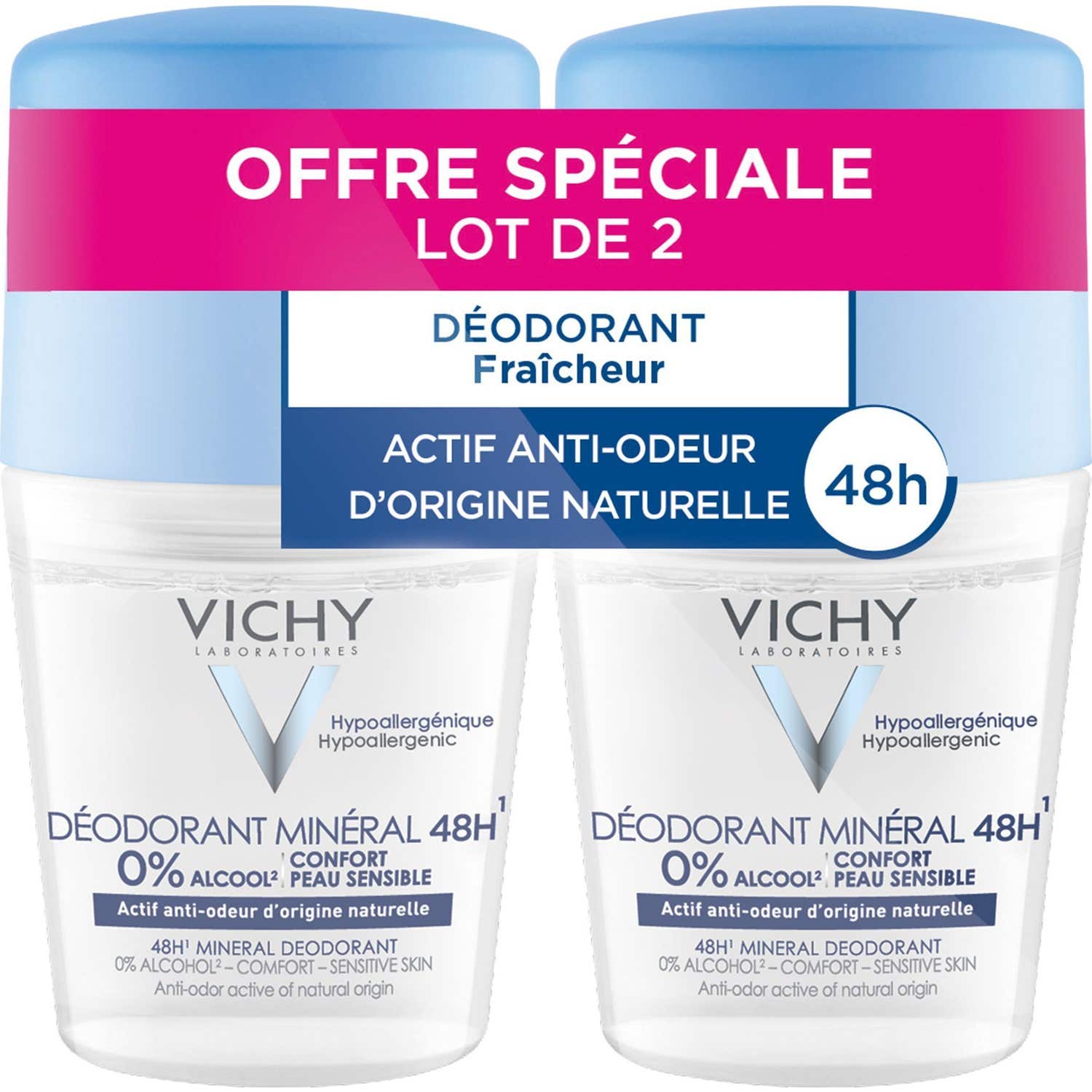 Vichy d‚odorant bille sans sel d'alu min‚ral 48h lot 2x50 ml